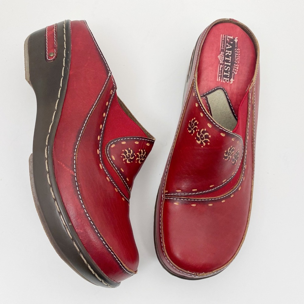 Spring Step L'Artiste Chino-R Tooled Red Leather Clogs Mules Womens 9 EU 40